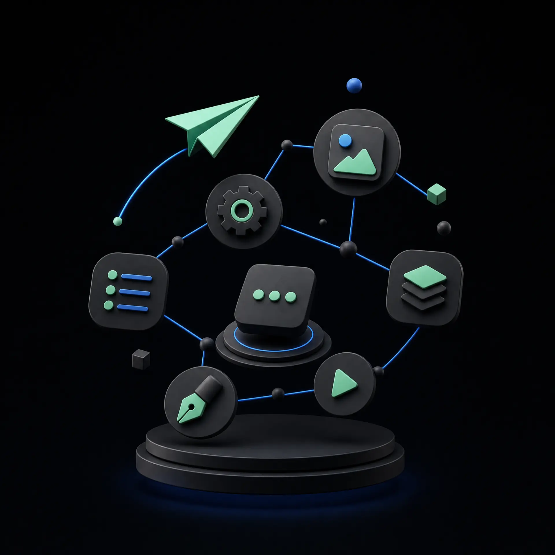 Ilustración 3D de herramientas de contenido y automatización conectadas