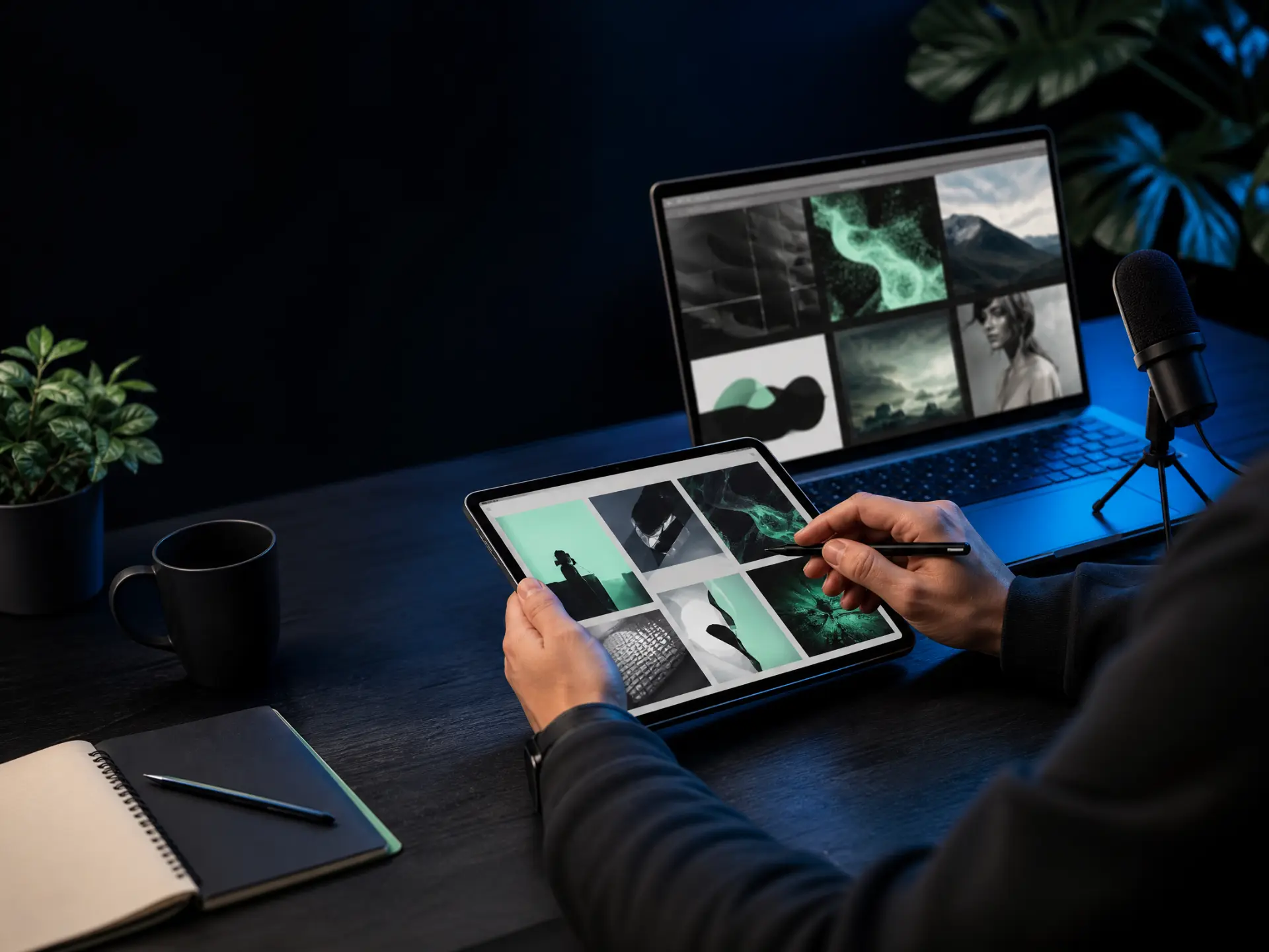 Creador editando contenido visual en tablet y laptop